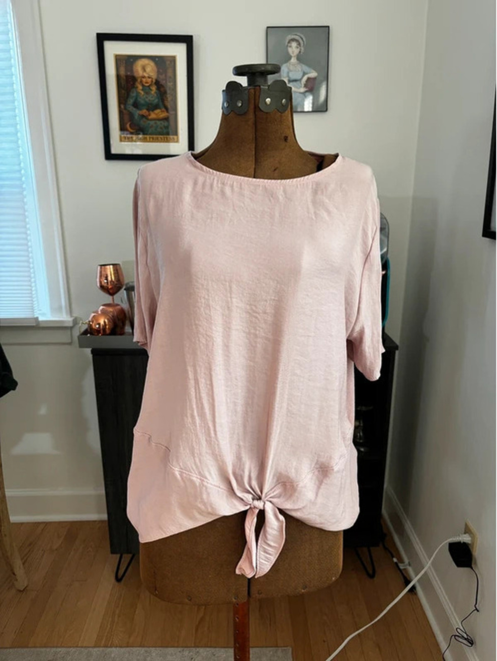 A New Day Blush Pink Tie Front Blouse XL Short Sleeve Keyhole Back (168)